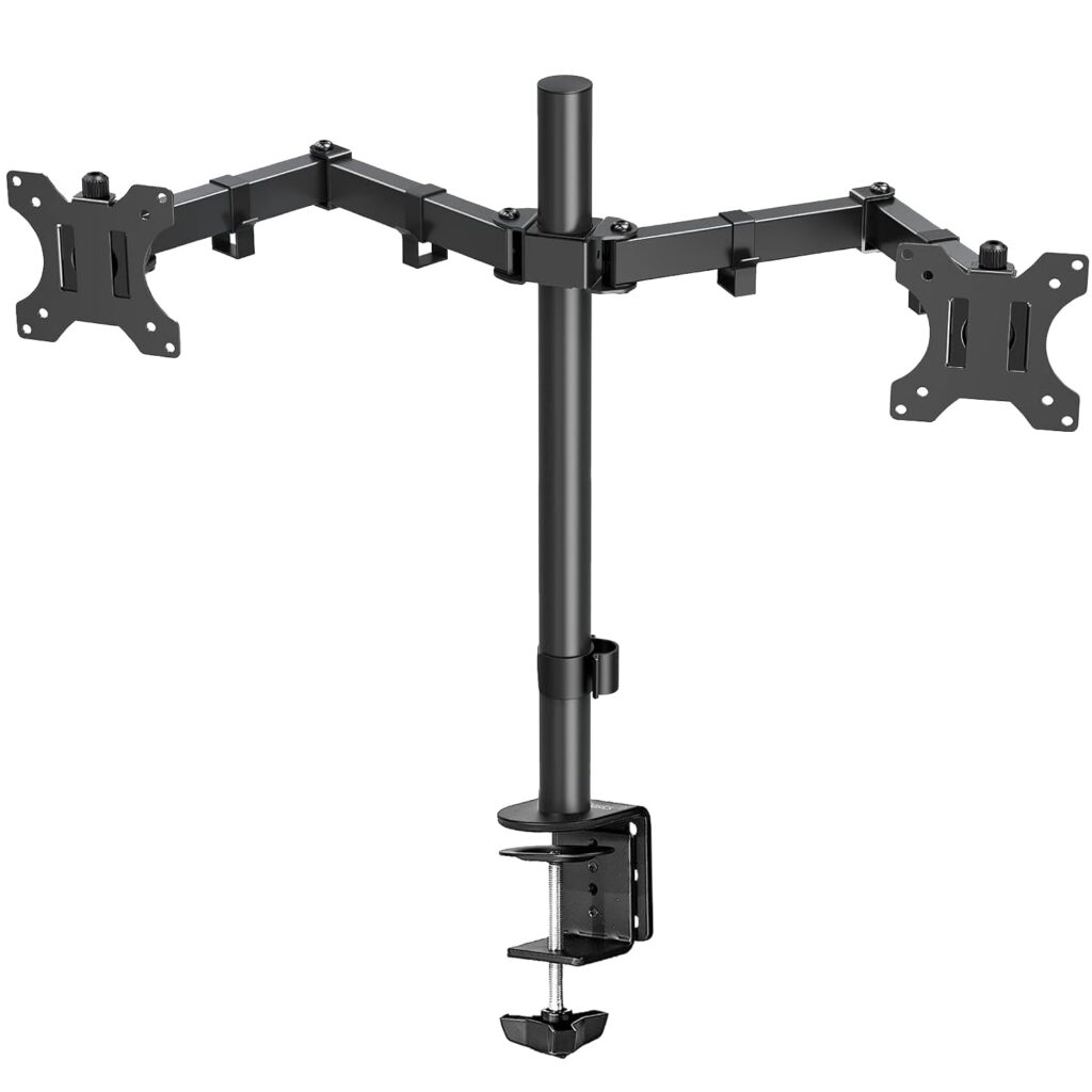 AmazonBasics Dual Monitor Stand mounted on a desk