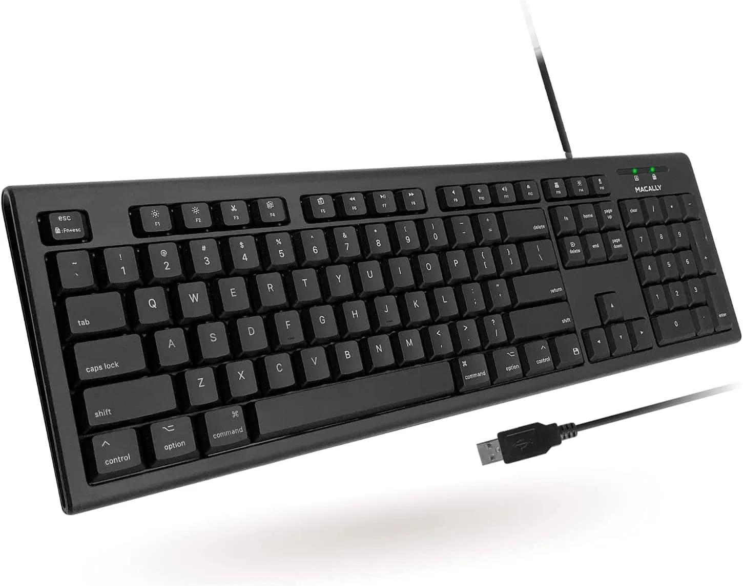 Macally Full Size Wired Keyboard with quiet keys and spill-resistant design, perfect for macOS users.