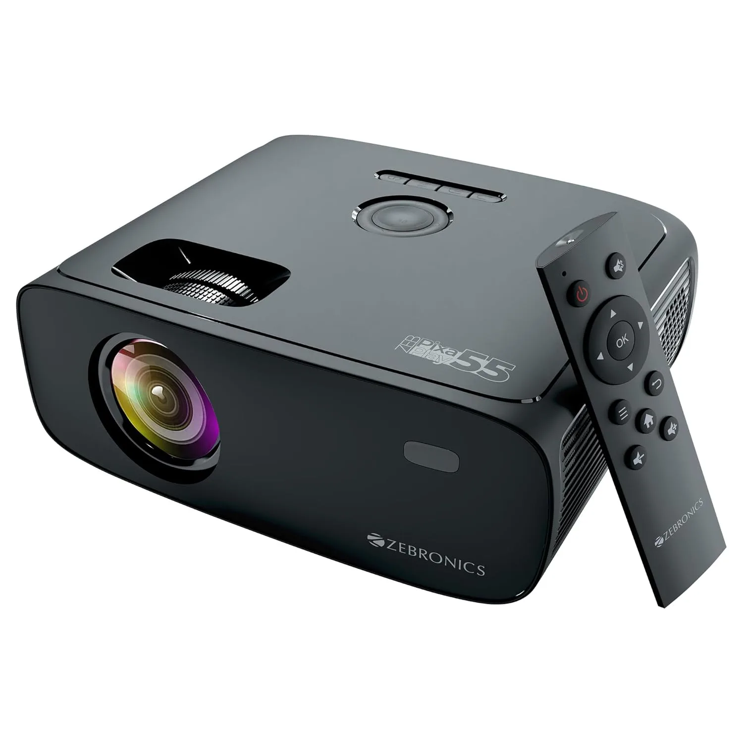 ZEBRONICS PIXAPLAY 55 Smart Projector with 4K Support, 8000 Lumens Brightness, and 150-inch Screen Display