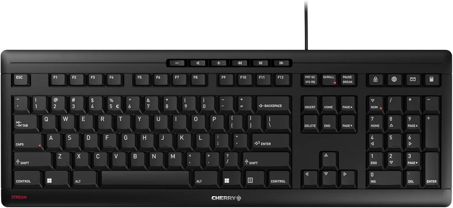 Cherry Stream Keyboard with whisper-quiet scissor switches and durable key labels for office use.