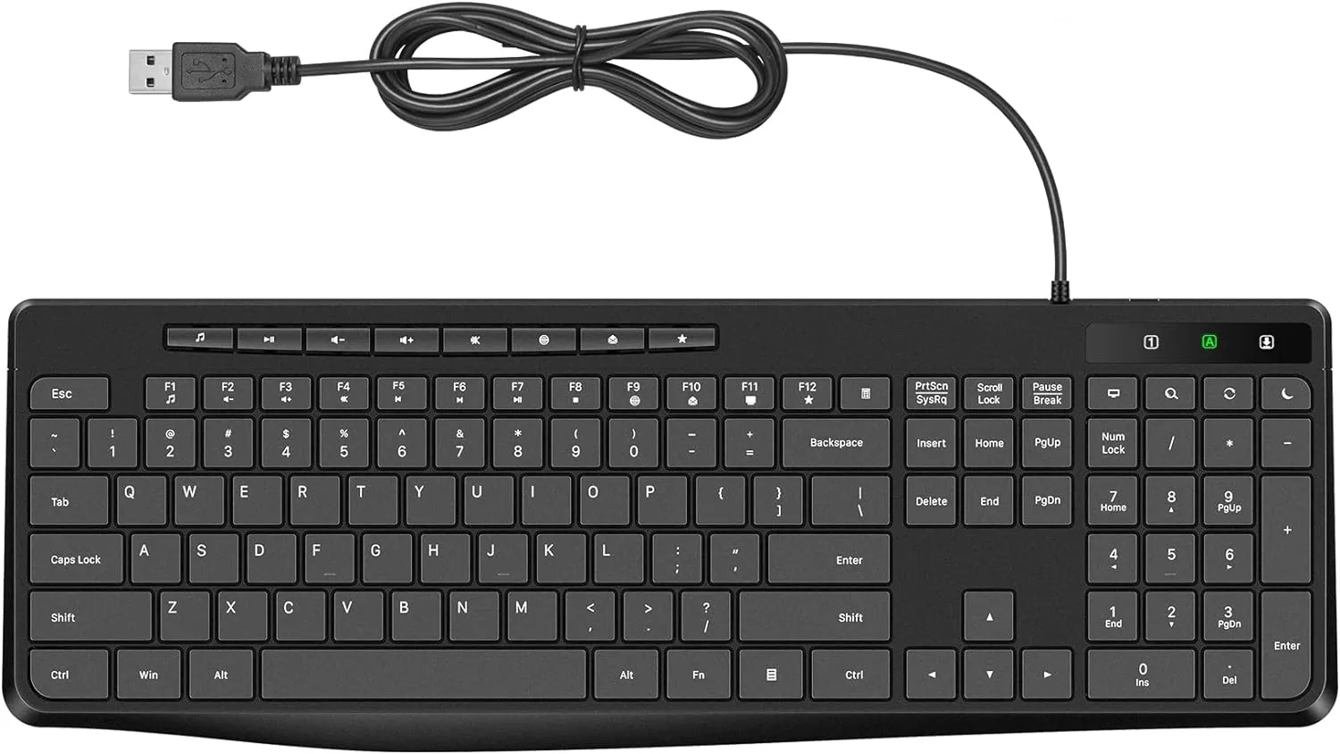 Virfour Multimedia USB Keyboard featuring quiet typing, spill-proof build, and ergonomic tilt support.