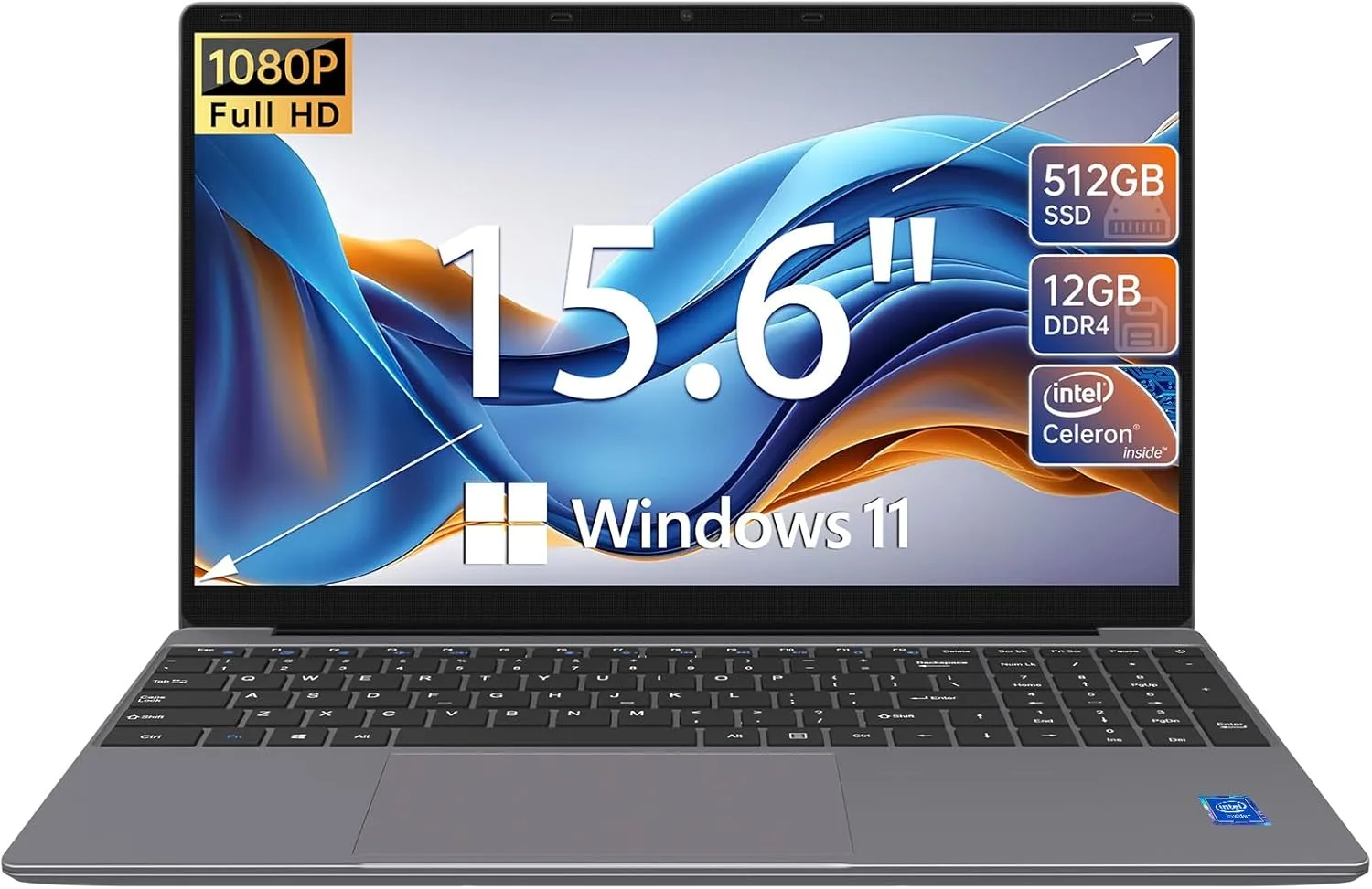 ApoloMedia 15.6-inch laptop featuring Intel Jasper Lake N5095 processor, 12GB RAM, and Full HD thin-bezel display in gray.